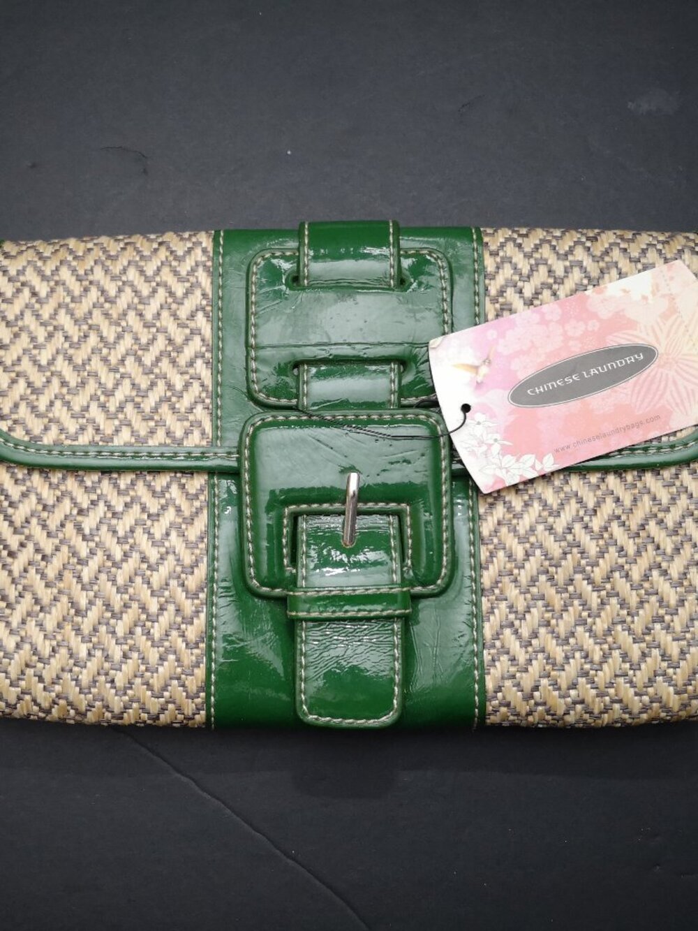 NWT Chinese Laundry Clutch Purse w/ Woven Straw Design & Emerald Accents  / Trim